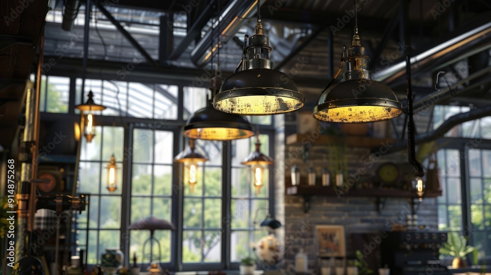 Obraz premium Ceiling-mounted lamp with cozy loft decor