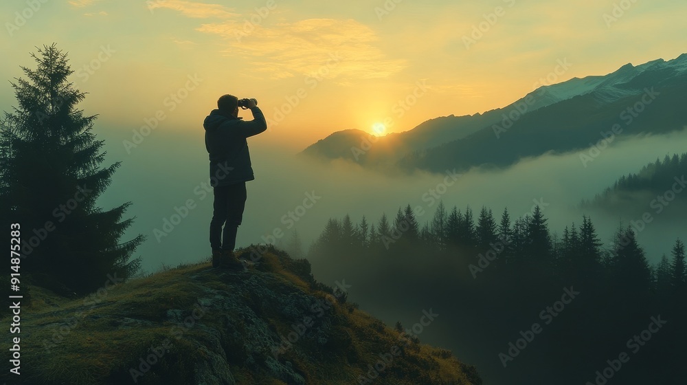 Fototapeta premium A man stands on the mountaintop, gazing through a telescope at the misty mountains covered in pine trees in the distance, and the gentle sunrise in the sky. A peaceful movie like scene