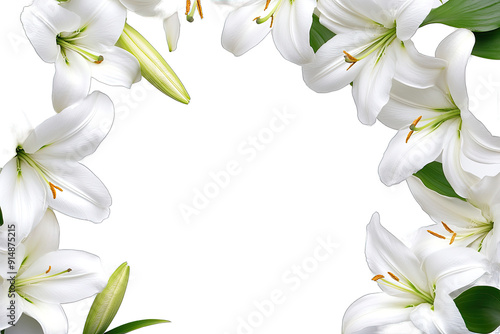 Decorative Frame White Lily Flowers isolated on white background 