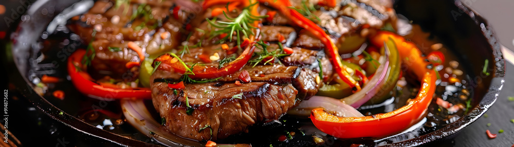 Grilled Steak with Peppers and Onions - Food Photo Grilled Steak with Peppers and Onions - Food Photo