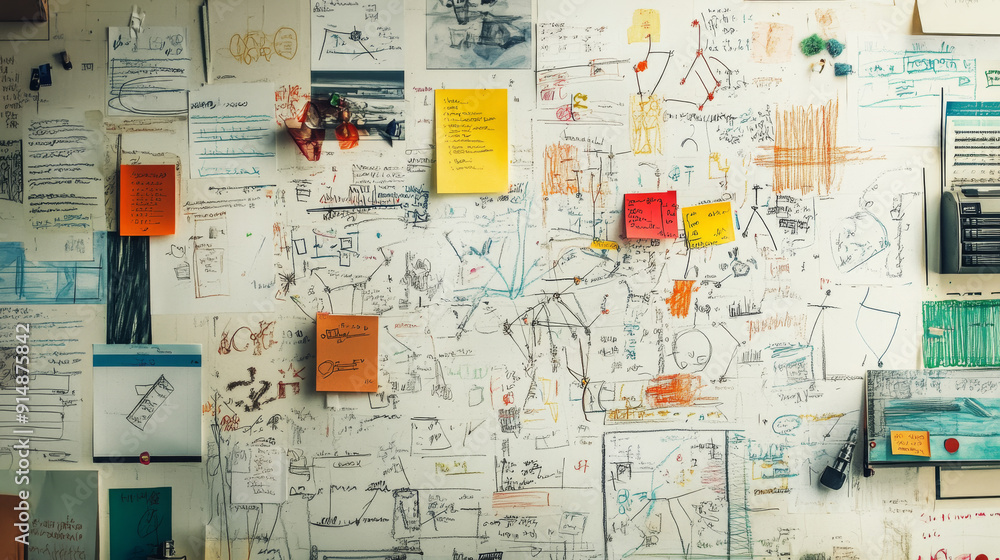 Fototapeta premium Illustrate a mind map or brainstorming session with interconnected ideas, drawings, and notes sprawling across a whiteboard or paper, highlighting the process of developing and organizing thoughts.