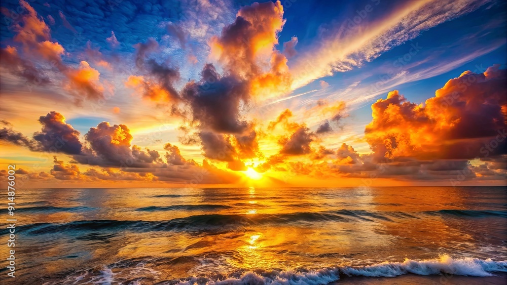 Fototapeta premium Majestic bright sunrise over ocean with orange clouds, sunrise, majestic, ocean, bright, orange, clouds, water, reflection