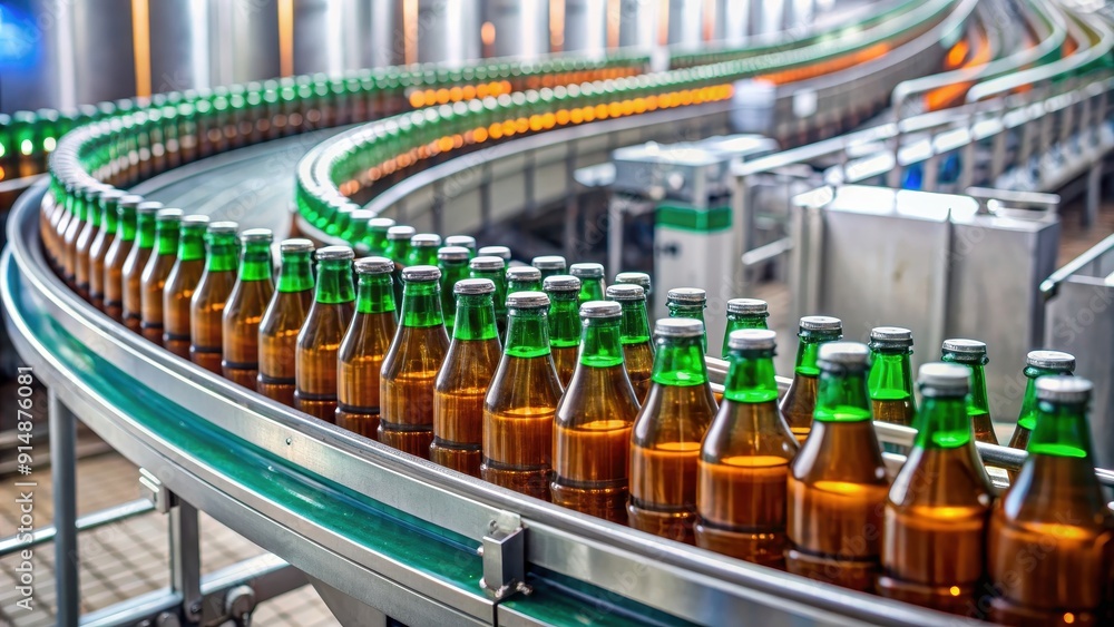 Conveyor belt in beverage factory with beer bottles , manufacturing, production, brewery, automation Conveyor belt in beverage factory with beer bottles , manufacturing, production, brewery, automation