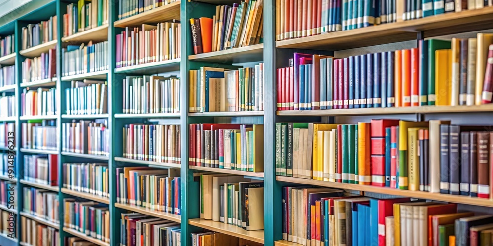 English textbooks neatly arranged on a bookshelf in a library setting, education, background, shelves, literature English textbooks neatly arranged on a bookshelf in a library setting, education, background, shelves, literature