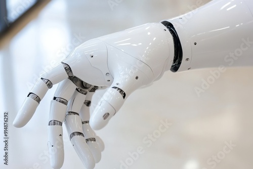 White robotic arm performing precise tasks with a futuristic backdrop emphasizing automation and control.