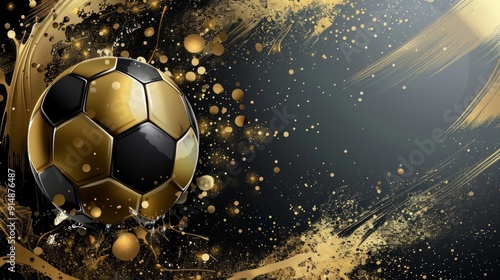 Golden Soccer Ball on a Black Background with Glittering Splatter