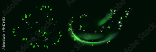 Green shiny line spiral spring wind effect with dust particles and leaves particles on black background. Concept of freshness, growth, spring, summer and ecology.