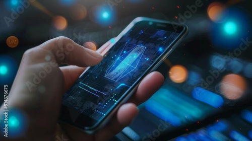Fingerprint Scan on Smartphone Screen with Blue and Orange Lights