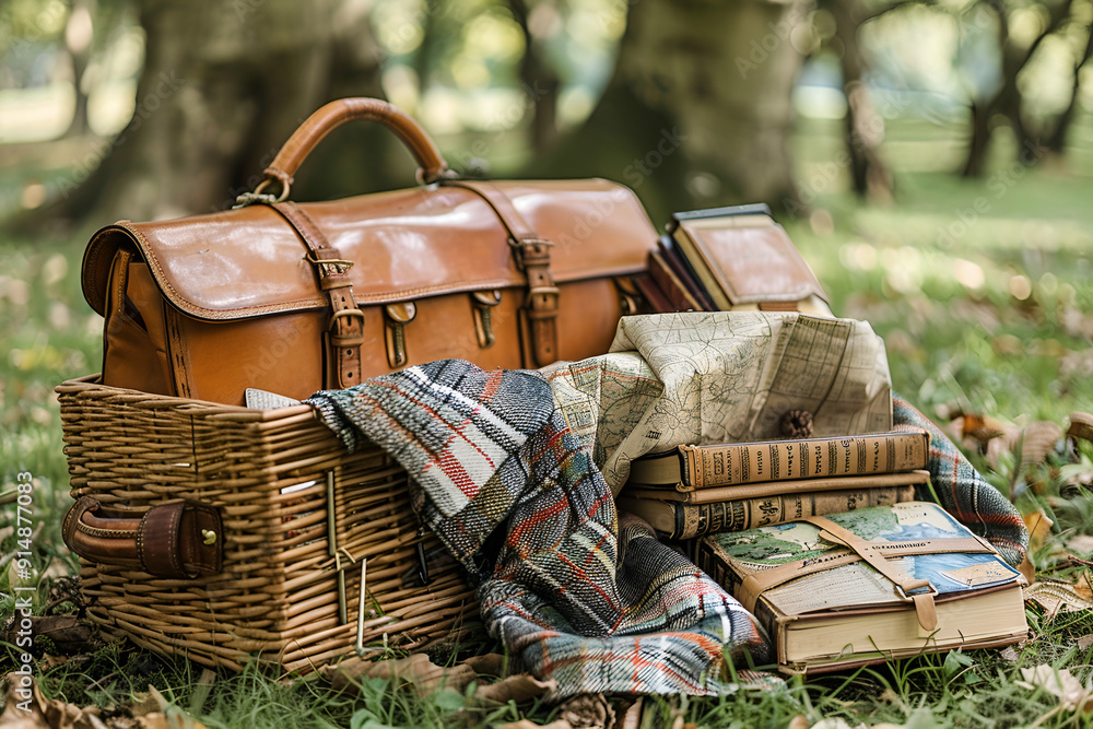 Obraz premium A picnic basket surrounded by books, a cozy blanket, and a bag, creating a serene outdoor reading atmosphere. 