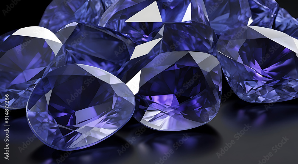 Illustration of a Luxurious Tanzanite with Deep Blue-Violet Hue and Exquisite Faceting on a Black Background, Featuring Ample Copy Space for Text or Branding Illustration of a Luxurious Tanzanite with Deep Blue-Violet Hue and Exquisite Faceting on a Black Background, Featuring Ample Copy Space for Text or Branding