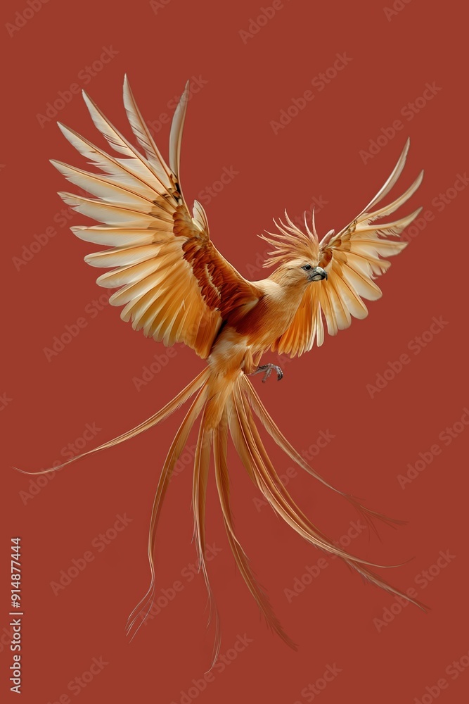 Obraz premium Golden phoenix bird flying spreading its wings on red background
