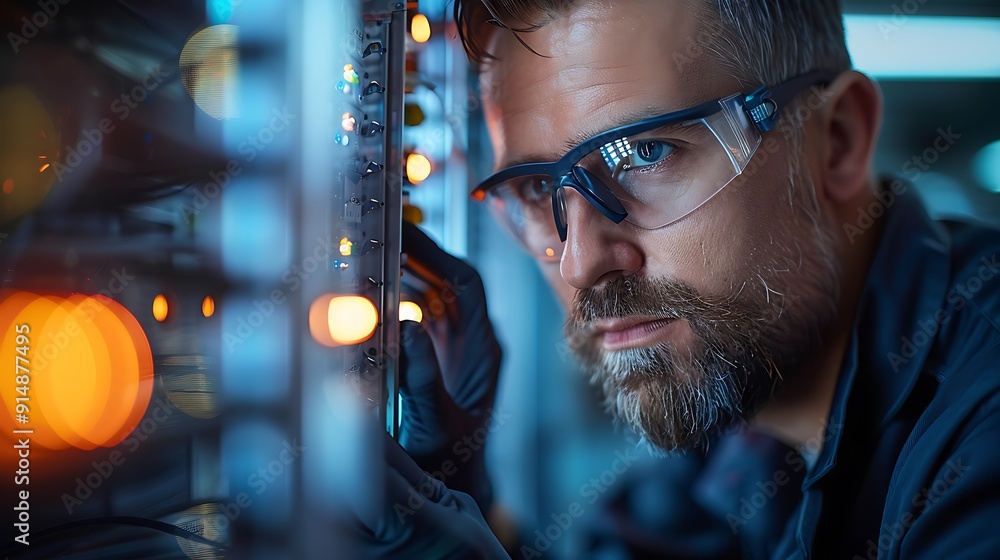 An engineer performing a software update, wearing protective gloves and glasses, focused on the update progress, well-lit server room, neat and orderly environment. Warm lighting, high resolution, An engineer performing a software update, wearing protective gloves and glasses, focused on the update progress, well-lit server room, neat and orderly environment. Warm lighting, high resolution,