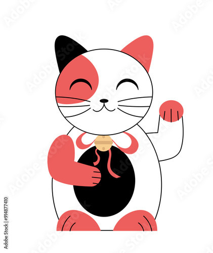 Japanese traditional doll. Asian style cat waves hand. Japanese culture and traditions. Maneki Neko. Holiday and festival. Linear vector illustration