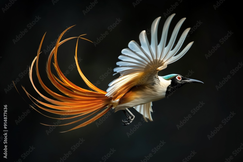 Twelve wired bird of paradise flying with long tail feathers Twelve wired bird of paradise flying with long tail feathers