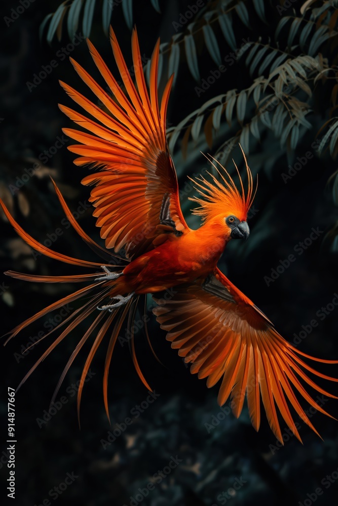 Majestic red bird opening its wings and flying in tropical forest Majestic red bird opening its wings and flying in tropical forest