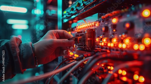 An engineer replacing a faulty hard drive, front view, precise cable connections, glowing server lights, well-organized equipment. Sharp focus, high-tech, professional setting. --ar 16:9 --v 6.