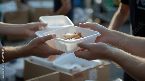 Close-up of hands distribution a food container outdoors. Blurred background. Concept of voluntary community support and food distribution