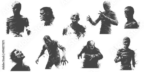 monochrome vector zombie, mummy and frankenstein in mezzotint photocopy effect, for grunge punk y2k collage design. weapon flowers retro elements. brutalist vintage illustration halloween poster.