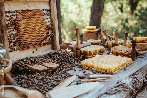 Traditional Beekeeping Setup With Honeycomb and Beekeeper Tools in a Sunny Forest Location