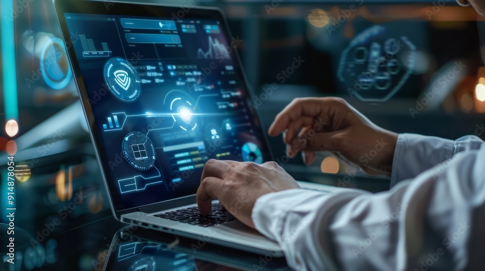 Automation concept. Businessman using laptop with automation icon on virtual screen for automated business process workflow optimization. Automation concept. Businessman using laptop with automation icon on virtual screen for automated business process workflow optimization.