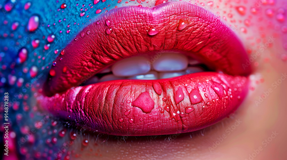 Close-up of a model with red lipstick and water droplets, showcasing a beauty and cosmetics concept Close-up of a model with red lipstick and water droplets, showcasing a beauty and cosmetics concept