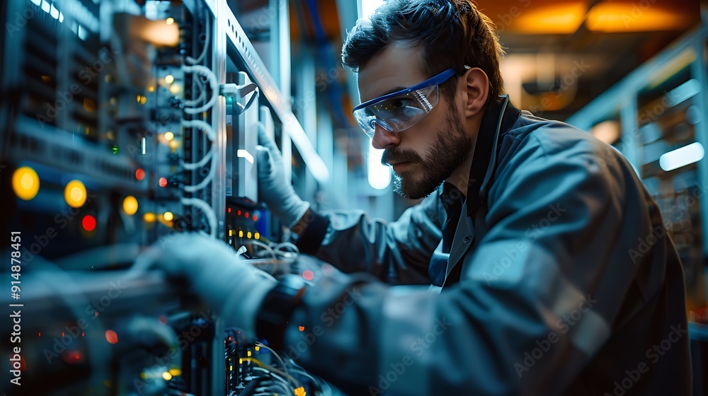 An engineer running diagnostics on server equipment, wearing protective gloves and glasses, focused on diagnostic readings, well-lit server room, neat and orderly environment. Warm lighting, An engineer running diagnostics on server equipment, wearing protective gloves and glasses, focused on diagnostic readings, well-lit server room, neat and orderly environment. Warm lighting,