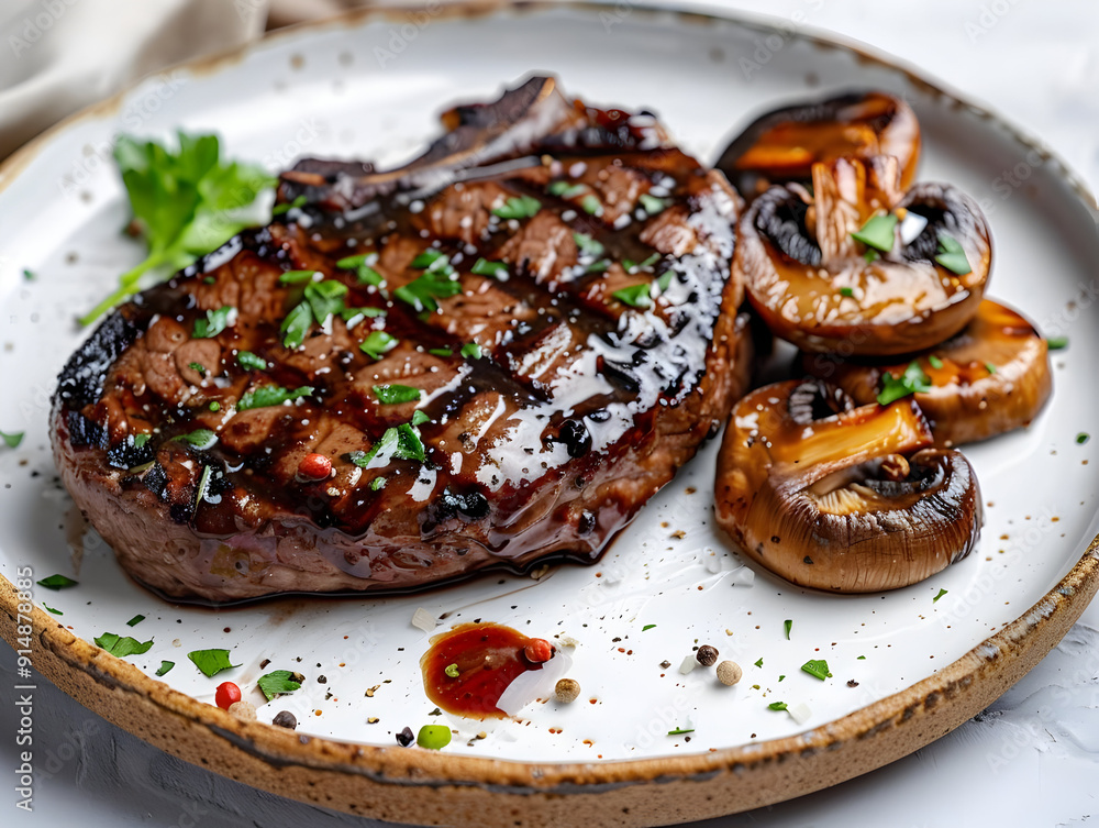 Grilled Steak with Mushrooms on a White Plate - Food Photography Grilled Steak with Mushrooms on a White Plate - Food Photography