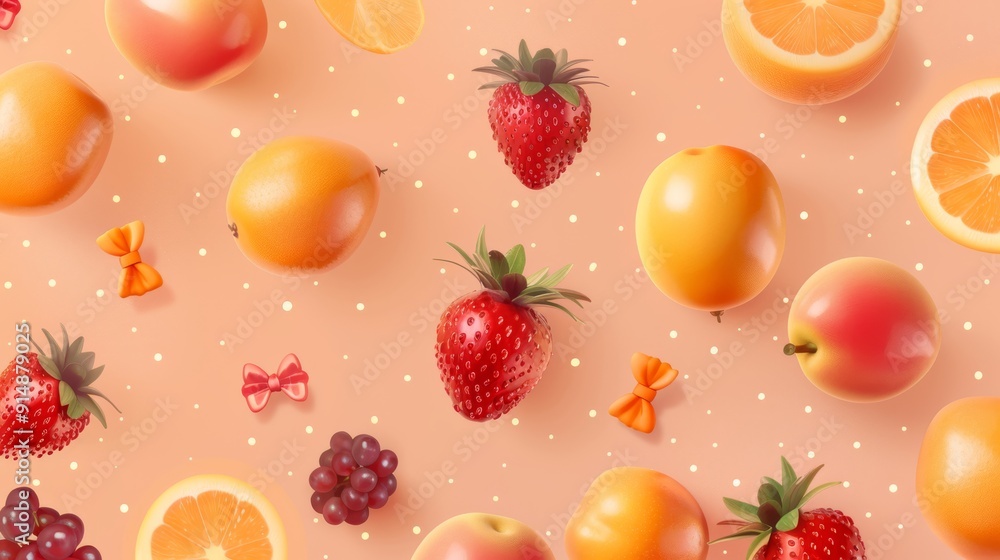 Colorful Fruit Pattern with Polka Dot Background Colorful Fruit Pattern with Polka Dot Background