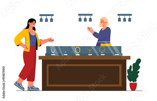 Woman in jewerly shop. Young girl buys jewelry and expensive accessories. Gold earrings, bracelets, chains and rings with diamonds. Flat vector illustration