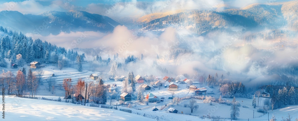 Snowy Mountain Village Enveloped in Mist