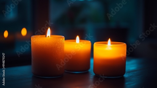 Warm and Serene Atmosphere Created by Lit Candles in a Dark Room. The Soft Glow of Flames Enhances the Calm and Tranquil Ambiance, Adding a Sense of Peacefulness and Relaxation.