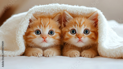 Cute little kitten sleeping under a blanket.