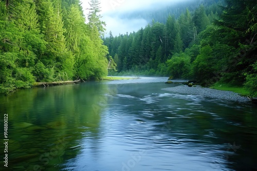 Pristine,Serene river winding through a lush green forest, with gentle mist and sunlight filtering through the trees. 