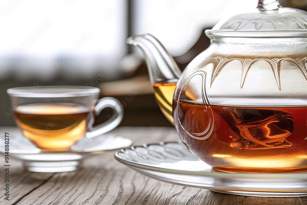 Close up of tea in glass on wooden table Close up of tea in glass on wooden table