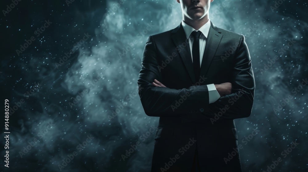 Confident Businessman in Black Suit with Smoke Confident Businessman in Black Suit with Smoke