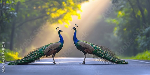 Two male peacock in the woods.