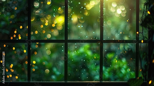 Blurred garden view through window with green bokeh lights.
