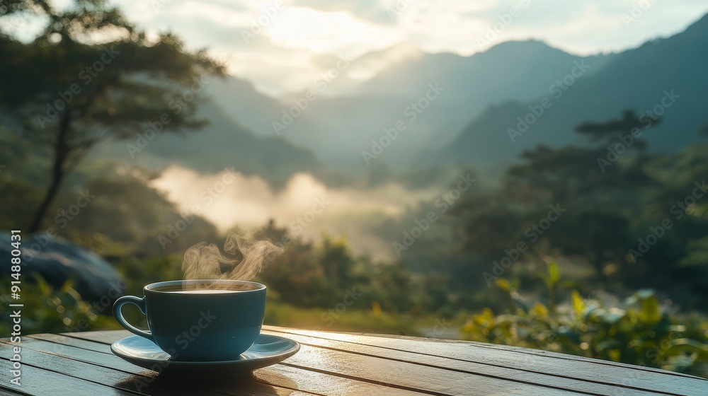 A peaceful outdoor morning scene, with a steaming cup of coffee on the table and mountains and trees, capturing a peaceful and fresh atmosphere, suitable for relaxing and natural themes. A peaceful outdoor morning scene, with a steaming cup of coffee on the table and mountains and trees, capturing a peaceful and fresh atmosphere, suitable for relaxing and natural themes.