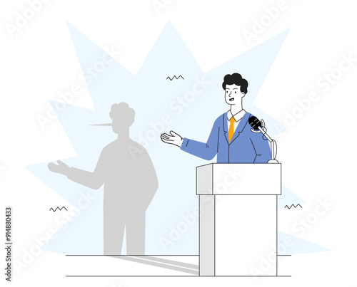 Public speaker liar. Man behind stand with microphone, casting shadow with long nose. Politician or businessman telling lie. Disinformation and propaganda, lies. Linear vector illustration