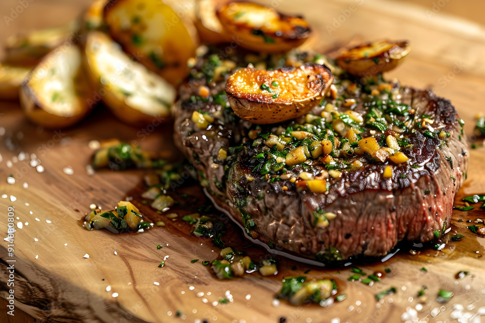 Closeup of Grilled Steak with Herb Butter and Potatoes on Wood Cutting Board - Food Photography Closeup of Grilled Steak with Herb Butter and Potatoes on Wood Cutting Board - Food Photography