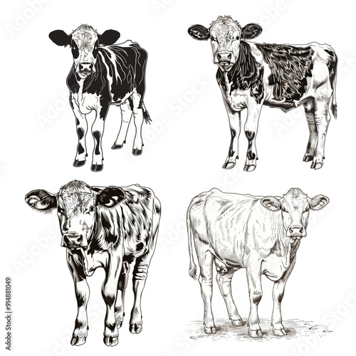 A black and white drawing of a cow in a field. The cow is standing in the foreground and is the main focus of the image