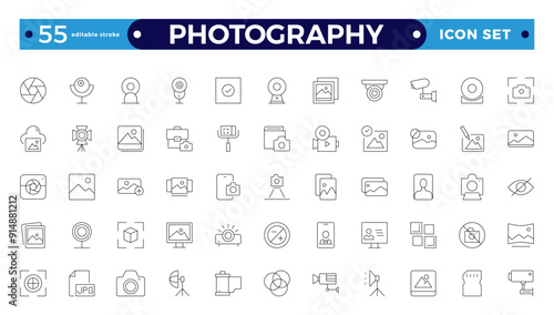 Photography icon set. Camera, photographer, video, photo, and more. Photography studio. Camera icon set. Take photo and video camera icons collection—editable stroke outline icon. 