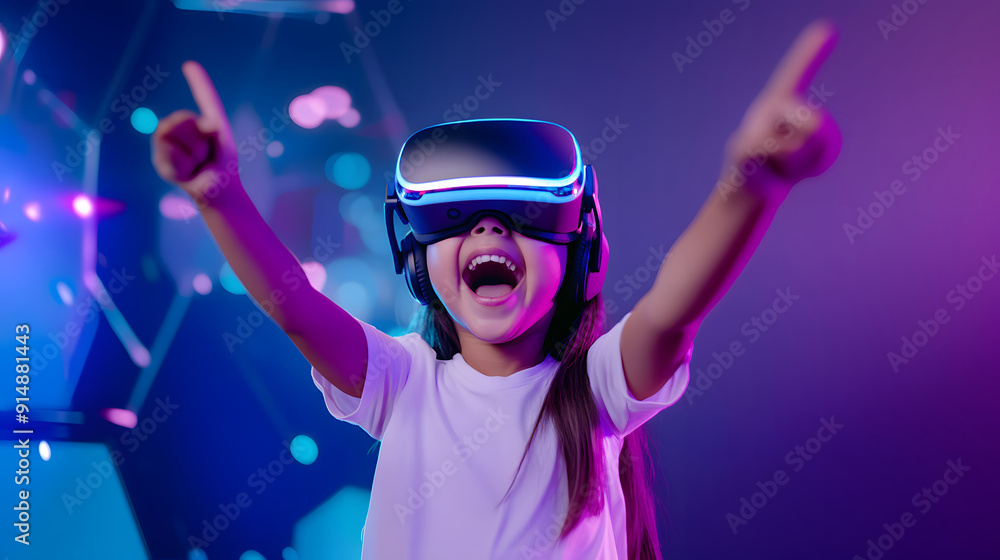 Young girl immersed in virtual reality, celebrating a gaming achievement in a colorful environment Young girl immersed in virtual reality, celebrating a gaming achievement in a colorful environment