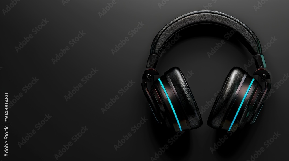 Black Headphones with Blue Light on Dark Background Black Headphones with Blue Light on Dark Background