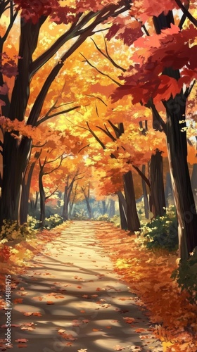 Autumn Stroll in Anime Style: A Whimsical Journey Through Fall Foliage Embracing the Season's Enchanting Hues and Serene Atmosphere. photo