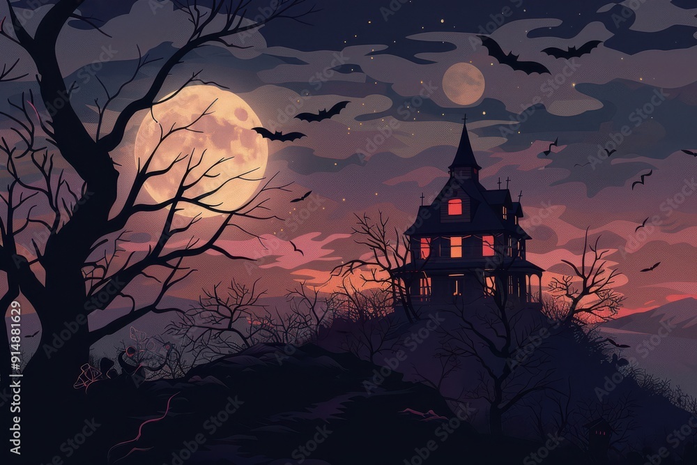 An old, spooky house on top of a hill with a full moon An old, spooky house on top of a hill with a full moon
