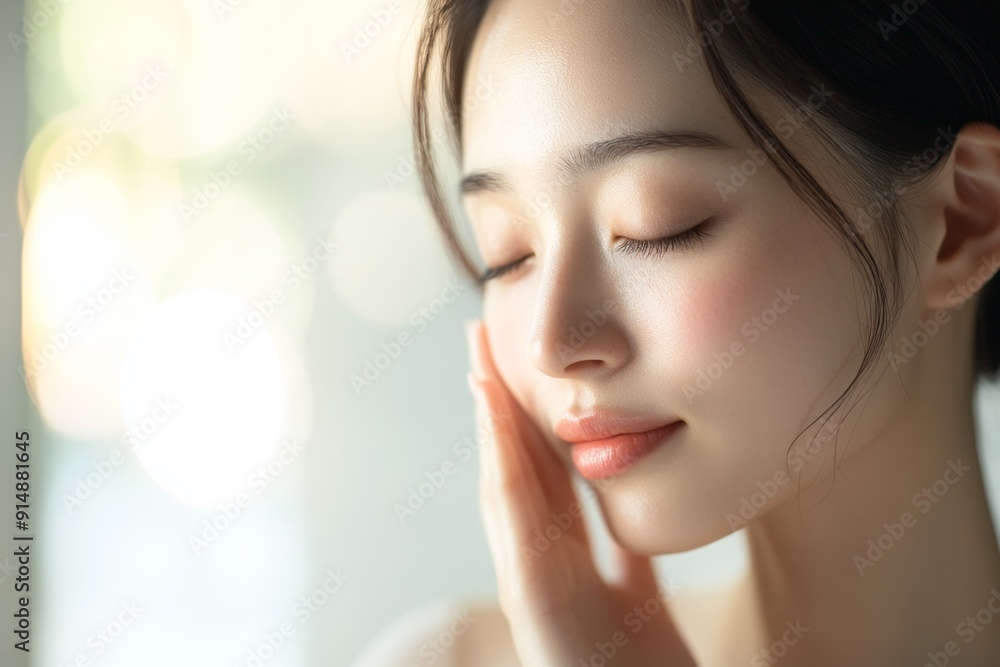 A Japanese woman gently touching her face, serene expression, softly lit indoor setting. High-resolution, detailed textures, crisp focus A Japanese woman gently touching her face, serene expression, softly lit indoor setting. High-resolution, detailed textures, crisp focus