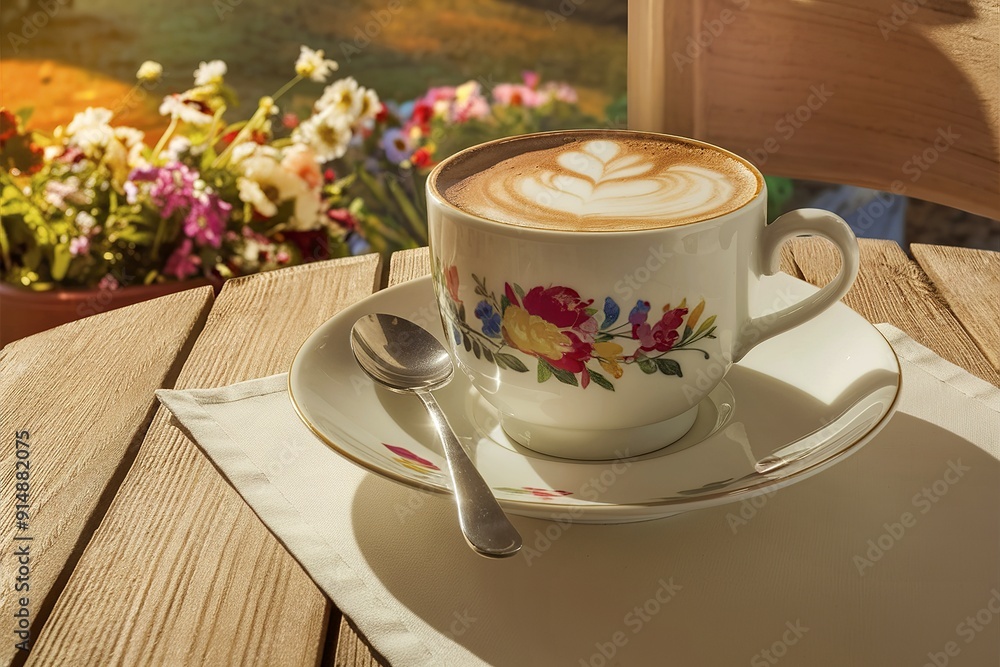Fototapeta premium A sunlit outdoor setting, with a white cup of cappuccino placed on a saucer