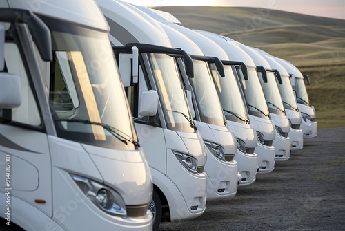 A row of white recreational vehicles parked side by side