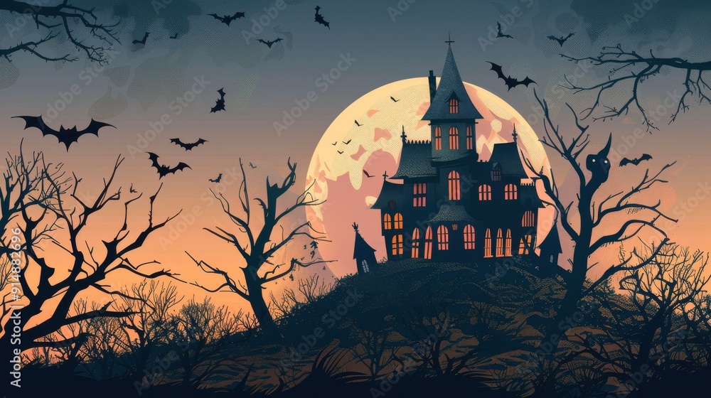 An old, spooky house on top of a hill with a full moon An old, spooky house on top of a hill with a full moon